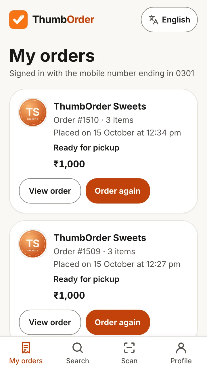 My orders in the ThumbOrder app: past orders from ThumbOrder Sweets with their status, and View order and Order again buttons