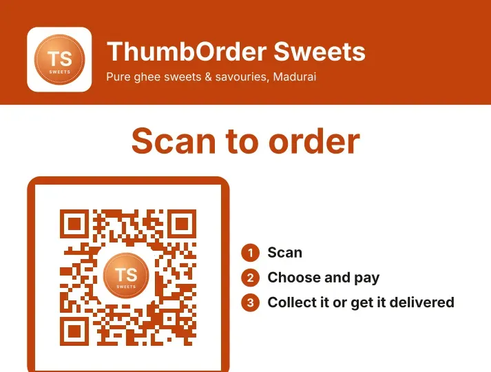 A counter card made by ThumbOrder for the demo shop ThumbOrder Sweets: 'Scan to order', a QR code and three simple steps