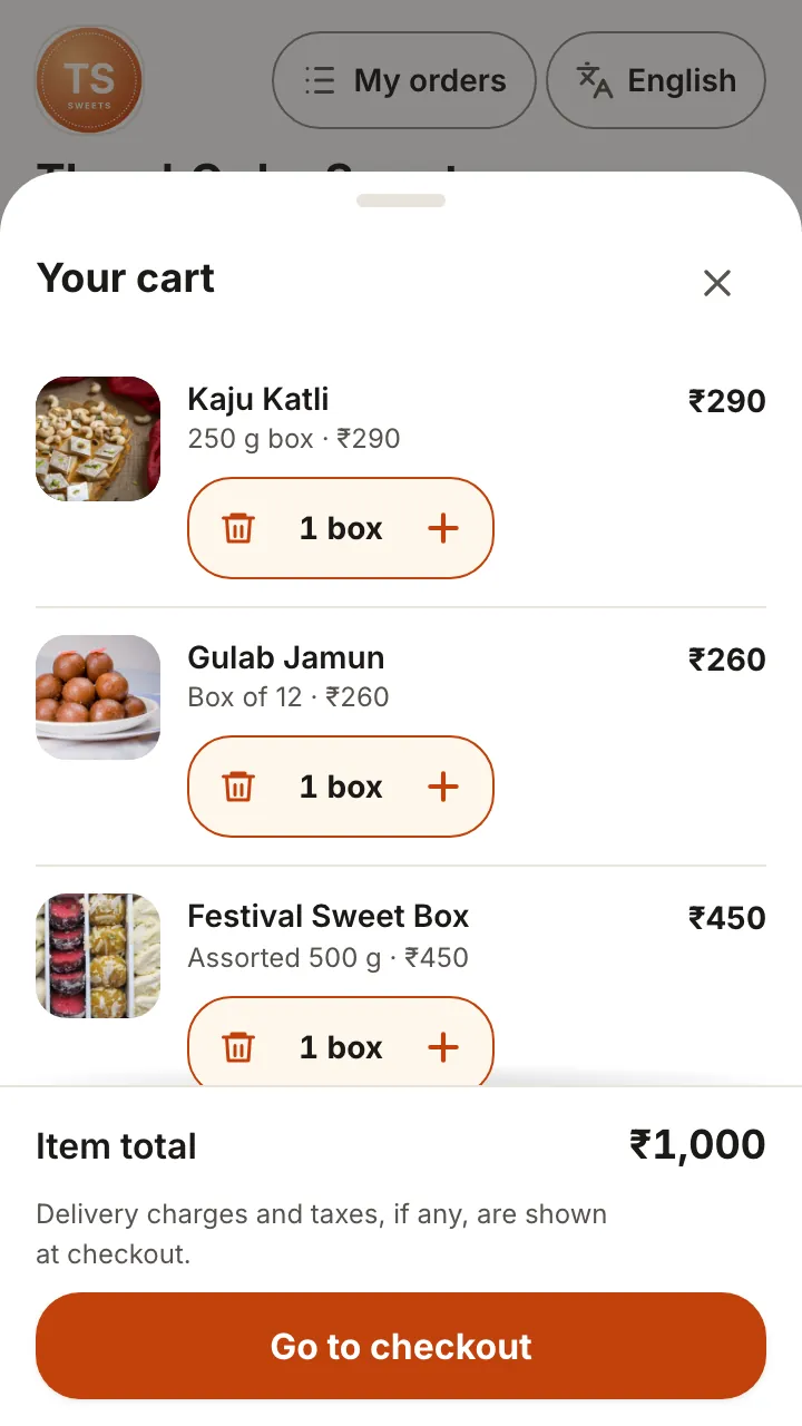 A customer's cart at the demo shop ThumbOrder Sweets: kaju katli, gulab jamun and a festival sweet box, with the item total