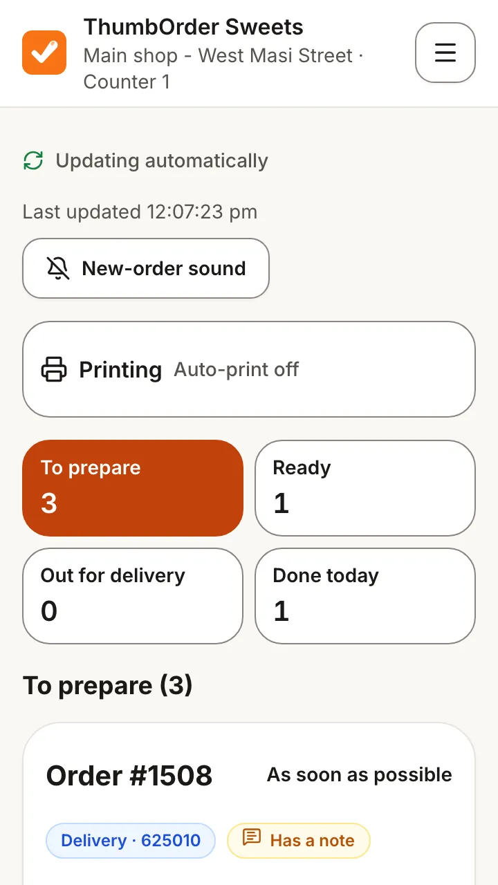 The counter screen on a paired phone: orders to prepare, ready, out for delivery and done today