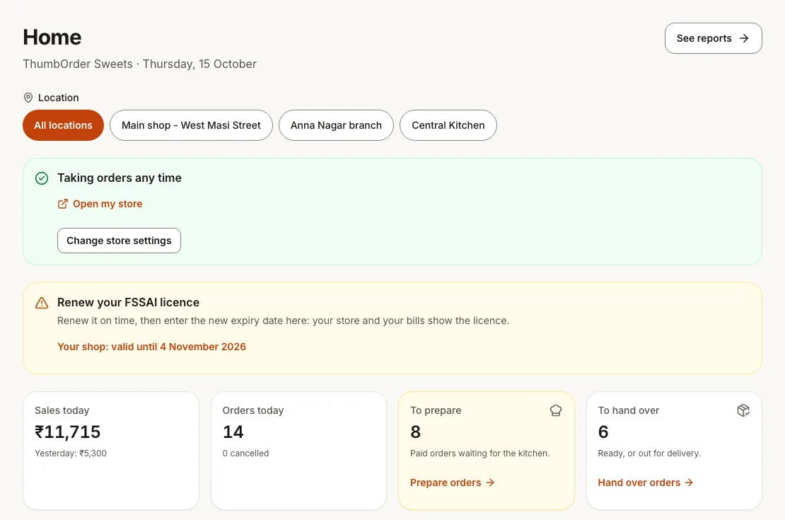 The Home page of ThumbOrder Sweets: taking orders, an FSSAI renewal reminder, sales today, orders to prepare and to hand over