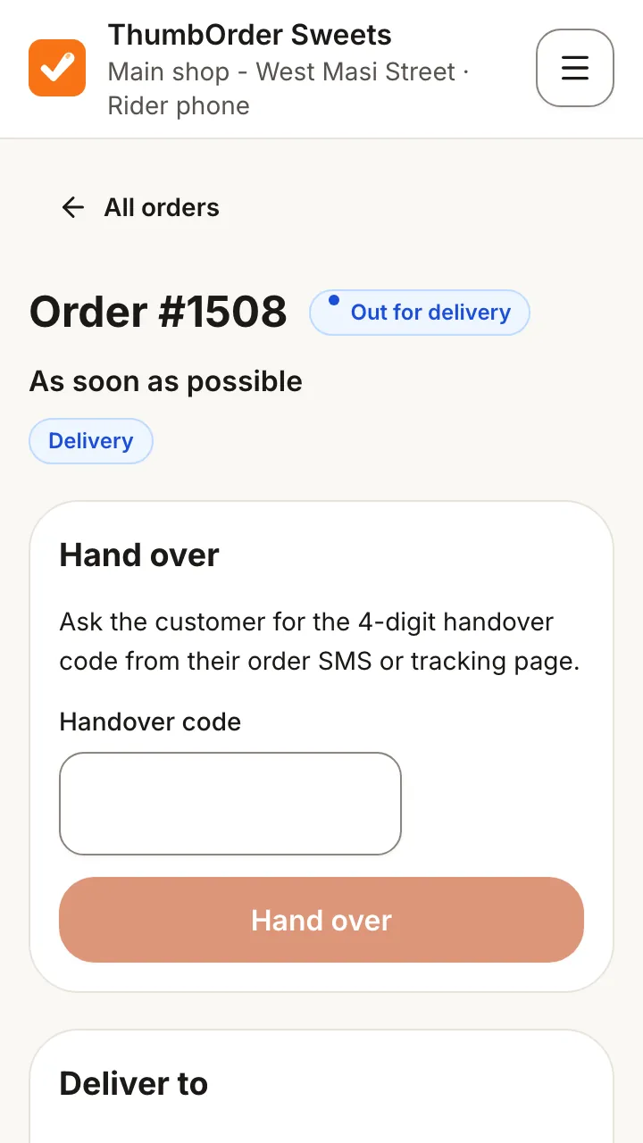 The delivery screen: an order out for delivery, asking for the customer's four-digit handover code