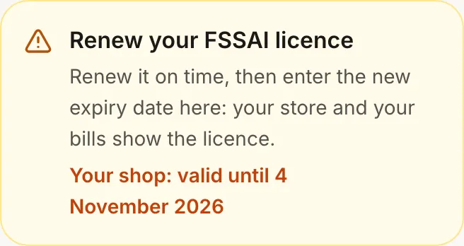 A reminder on the Home page of ThumbOrder Sweets: renew your FSSAI licence, valid until 4 November 2026