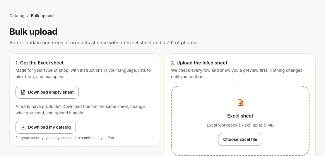 The Bulk upload page: download an Excel sheet made for your type of shop, fill it in, and upload it; nothing changes until you confirm the preview