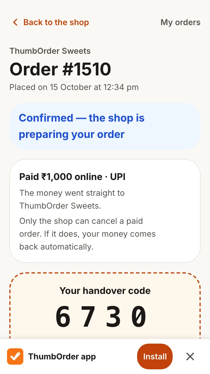 An order page after payment, with an Install bar for the ThumbOrder app at the bottom
