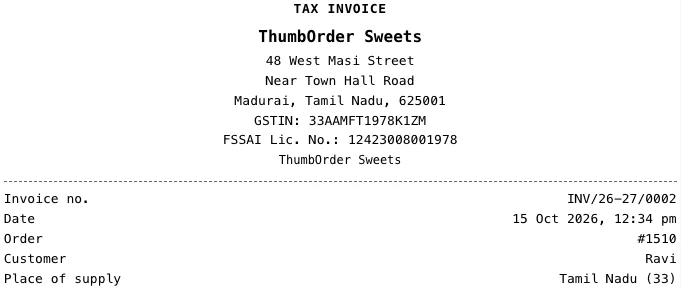 The top of a GST tax invoice from ThumbOrder Sweets: address, GSTIN, FSSAI licence number, invoice number, date and place of supply
