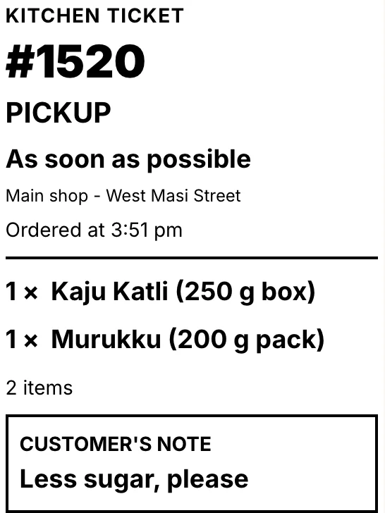 A kitchen ticket for a pickup order: order number, the items and the customer's note