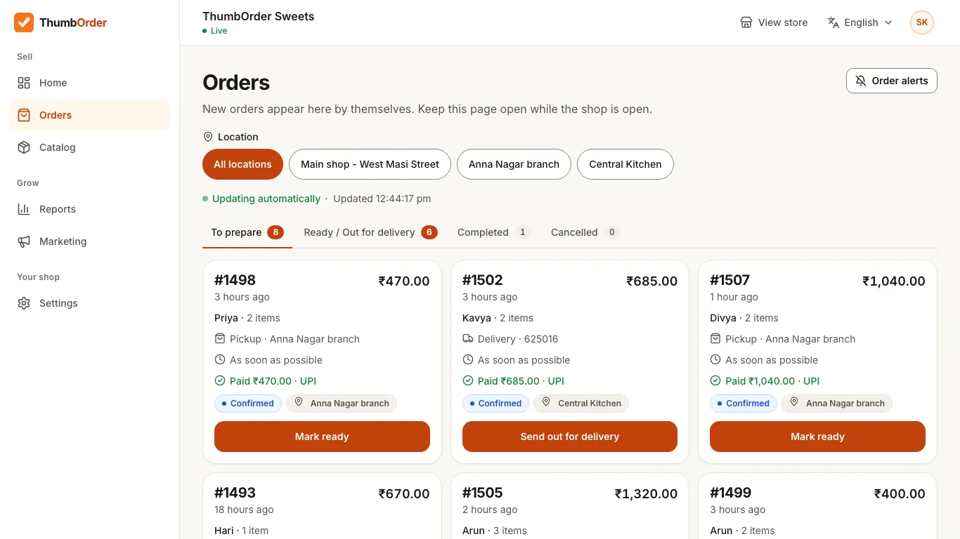 The Orders page of ThumbOrder Sweets: paid orders to prepare, filtered by branch, with Mark ready and Send out for delivery buttons
