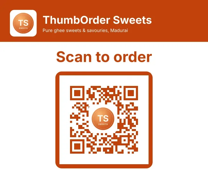 The top of an A4 poster made by ThumbOrder for the demo shop ThumbOrder Sweets: 'Scan to order' above a large QR code