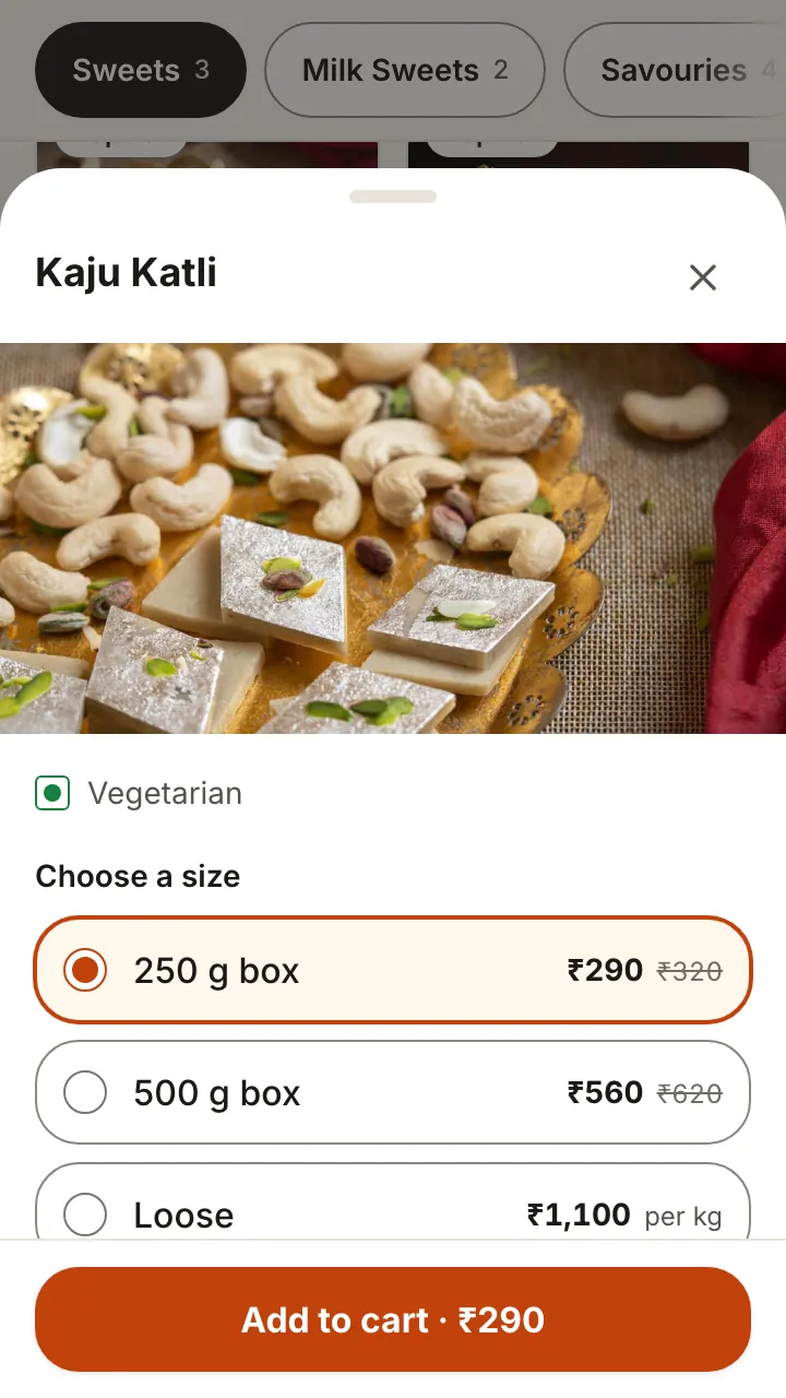 Choosing a size of kaju katli, in English