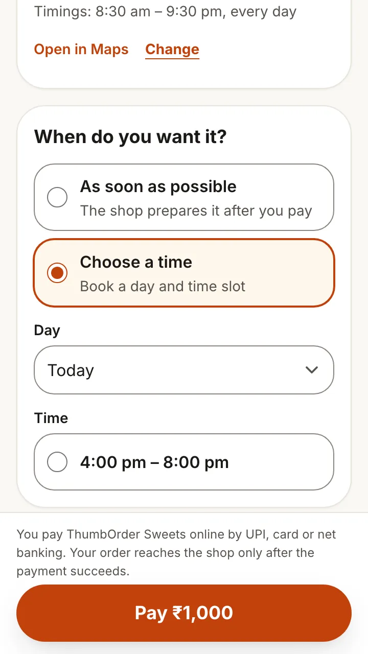 Checkout: when do you want it, as soon as possible or a chosen day and time slot