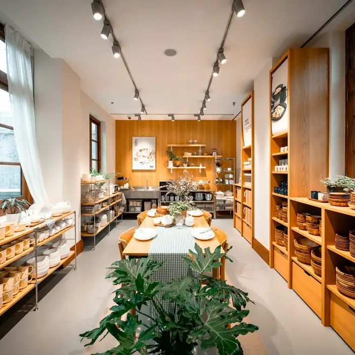 A home décor and gift store with oak shelves of ceramics, plants and large windows