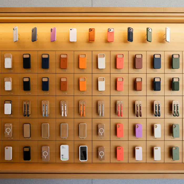 A wall of phone cases in many colours on oak shelves in a mobile accessories store