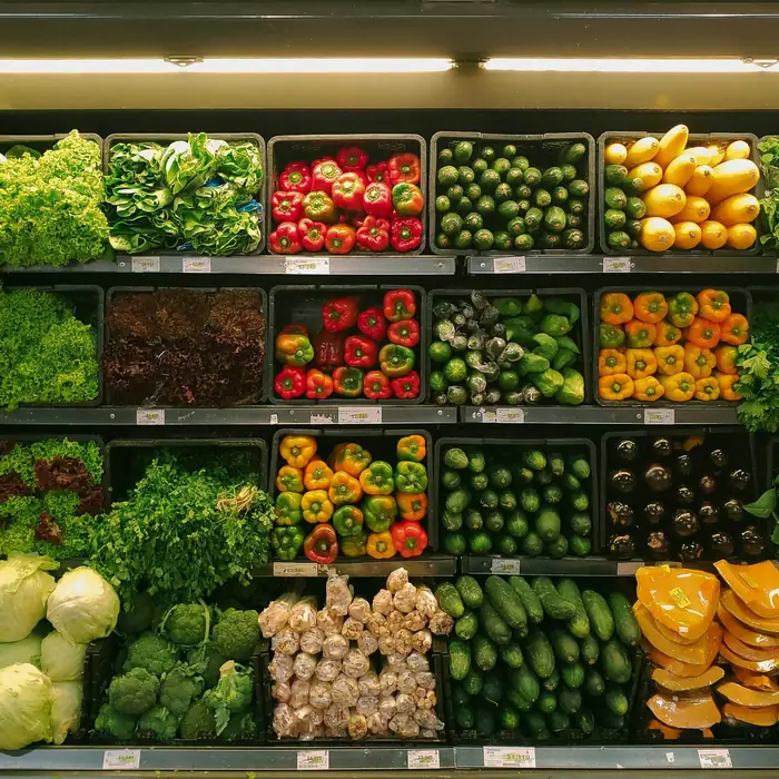 A neat supermarket produce wall with greens, peppers, cucumbers and cabbage